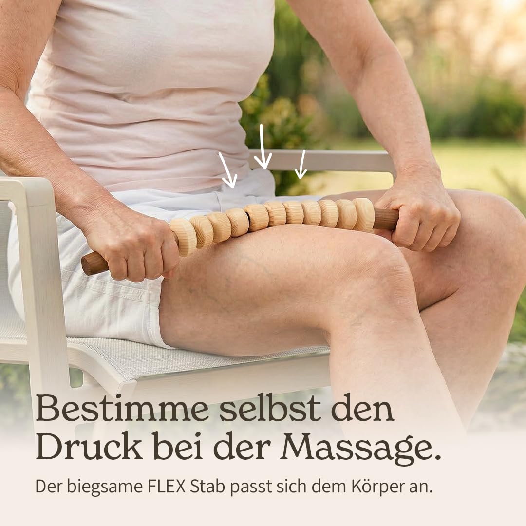Faszienstab Woodstick FLEX mit GLATTEN Massage-Elementen [DAS ORIGINAL aus Österreich - Echte Handarbeit] Biegsamer Massage-Stab aus Holz — Einfaches Faszientraining ohne Rollen am Boden