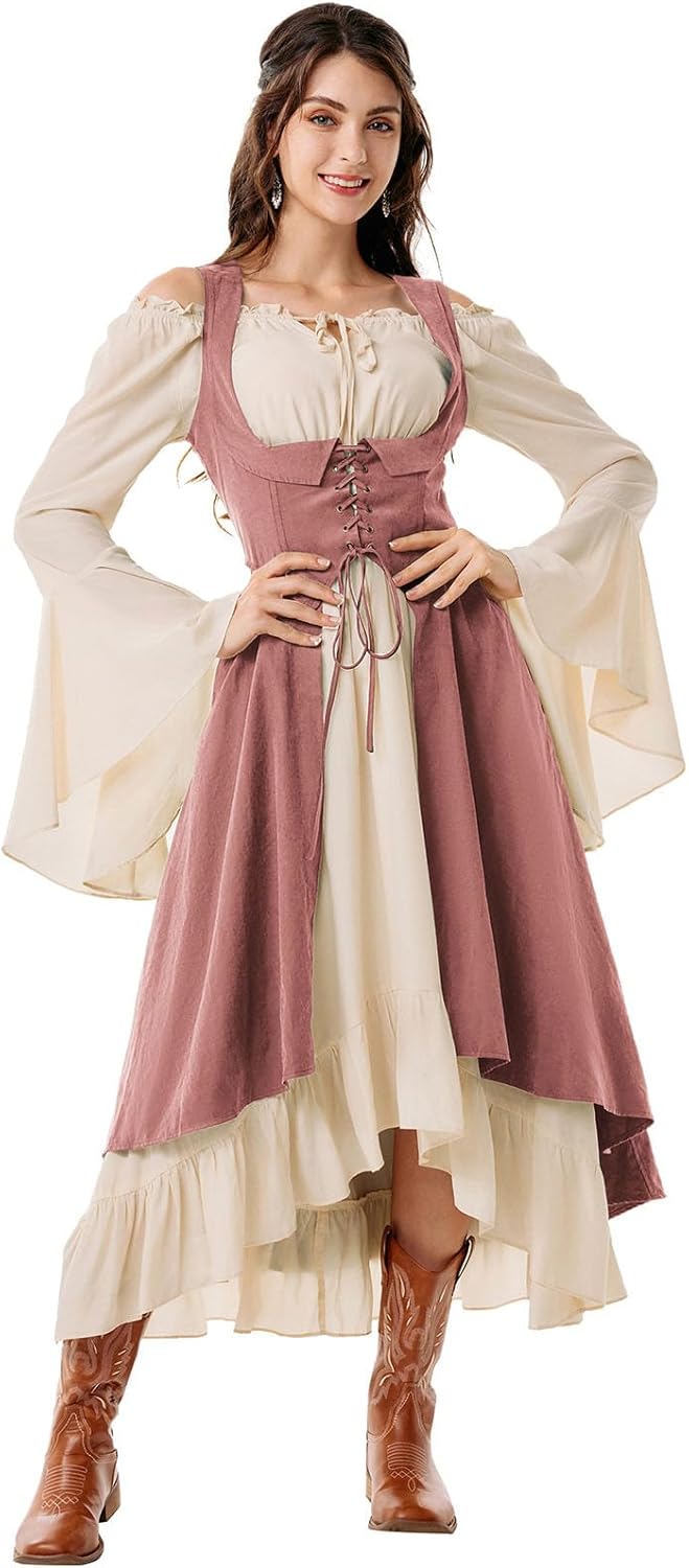 Scarlet Darkness Women Renaissance Costume Underbust Pirate Peasant High Low Dress with Pockets - Image 2