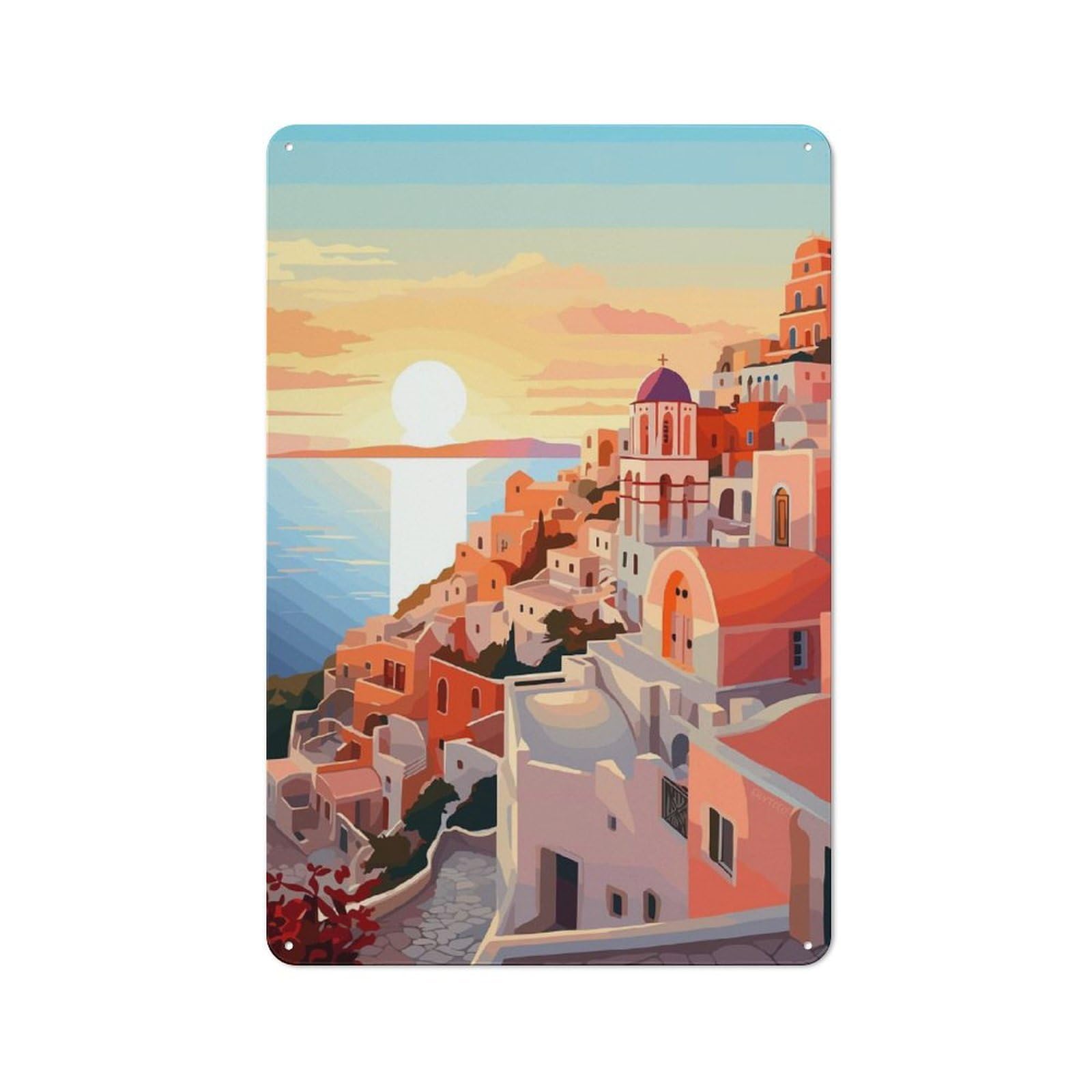 Junmoney Style-10 Tin Wall Plaque 30X20cm With Greece Sunset Travel Art For Garage Wall, Suited To People Furnishing A Garage