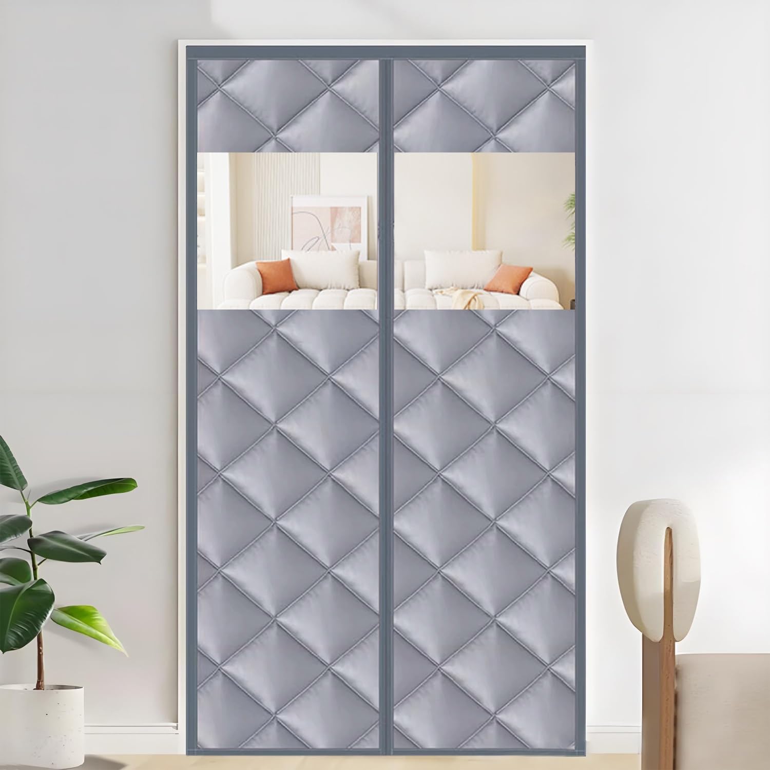 Rideau de porte isolant thermique magnétique en coton gris 110x205cm