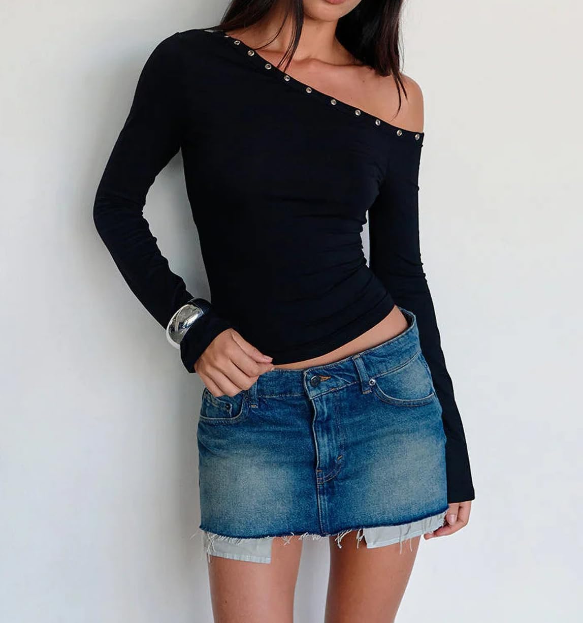 Women Y2k Grunge Grommet Eyelet Studded Off Shoulder Crop Tops Asymmetrical Fitted Long Sleeve Baby Tee Shirts - Image 2