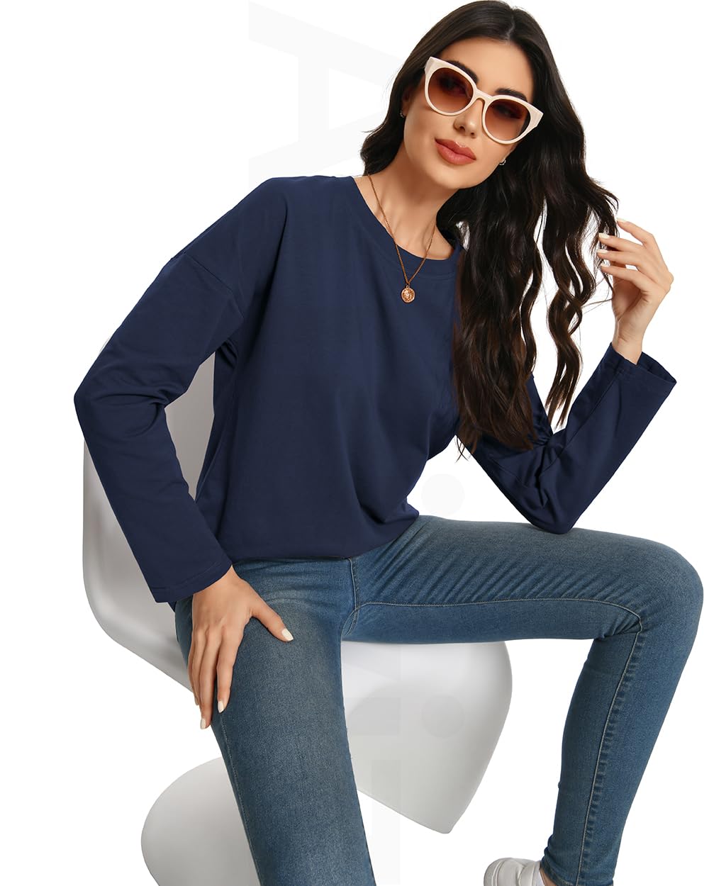 Auriviz Camisas de manga larga para mujer, holgadas, ajustadas, cuello redondo, camisetas básicas, casuales, ropa de primavera 2025