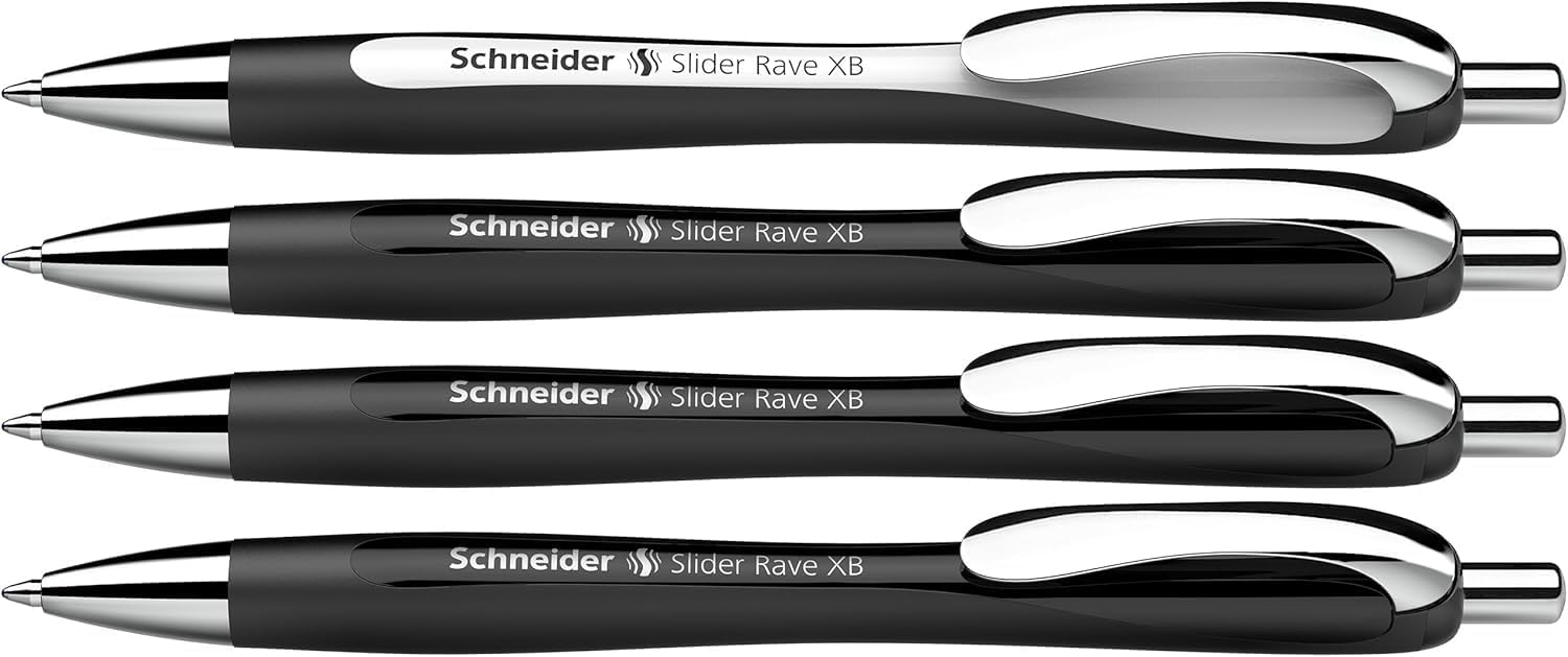 Schneider Slider Rave XB 132584 Ballpoint Pen (Limited Special Edition, 3x Black, 1x White, Made in Germany) Pack of 4, Ink Colour: Blue