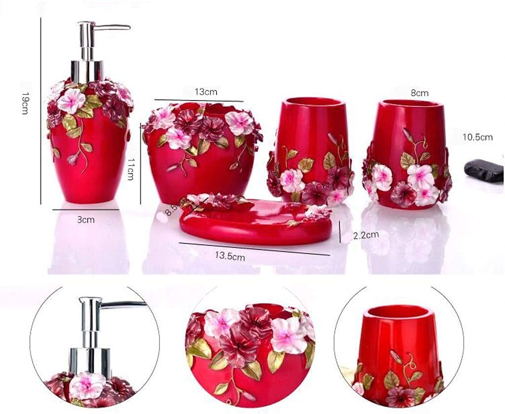 Accesorios De Baño Juego De Accesorios De Baño De Resina Roja, Dispensador De Jabón, Soporte para Cepillo De Dientes, Vaso, Jabonera, 5 Piezas Set De Baño Accesorios