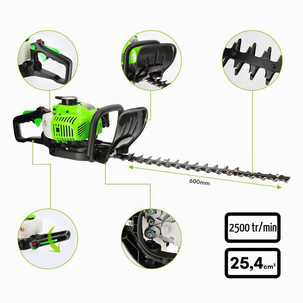 Taille-haie thermique - Moteur 2 temps 25,4 cm3 - Longueur de coupe 60cm - Réservoir 230ml - Anti-vibrations - Poignée rotative