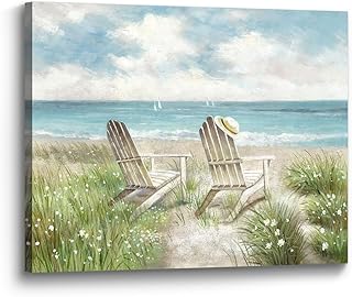 the stream design Coastal Canvas Wall Art Picture: Ocean Beach Chair Scene Painting Print Relaxing Seaside Seascape Grass Artwork for Bathroom Living Room Bedroom Decor