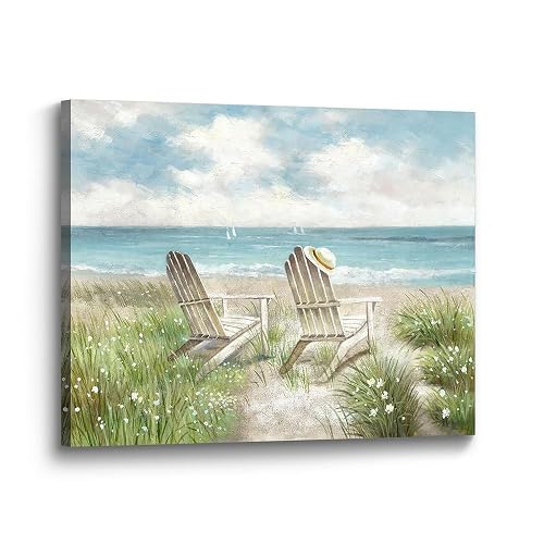 Coastal Canvas Wall Art Picture: Ocean Beach Chair Scene Painting