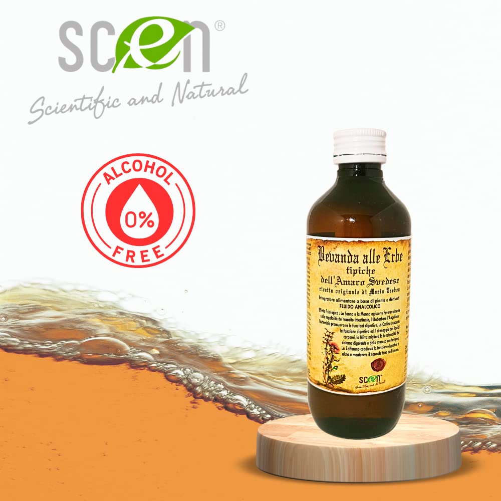 SCEN Amaro Svedese Maria Treben Originale Senza Alcool Preparato con Erbe Svedesi Naturali Efficace e Concentrato Diuretico Drenante per Gonfiore Addominale 200 ML Made in Italy