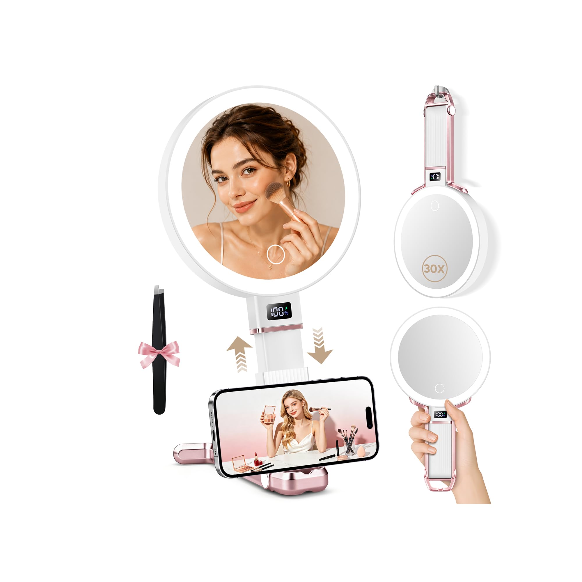 B Beauty Planet Vergrößerungsspiegel mit Licht, Doppelseitiger 30X/1X Vergrößerungsspiegel, Reise-Schminkspiegel mit 3 farbigen Lichtern, Faltbarer Makeup-Spiegel mit Tweezer, Handheld/Tabletop