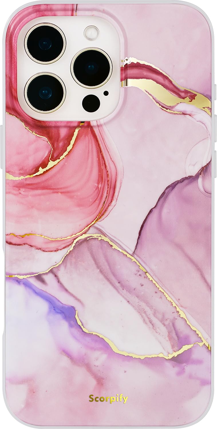 SCORPIFY for iPhone 16 Pro Max Case [Compatible with MagSafe] with Pink Flange Crystal Marble Design, Cute Magnetic Phone Cover for Women Girls, [Non