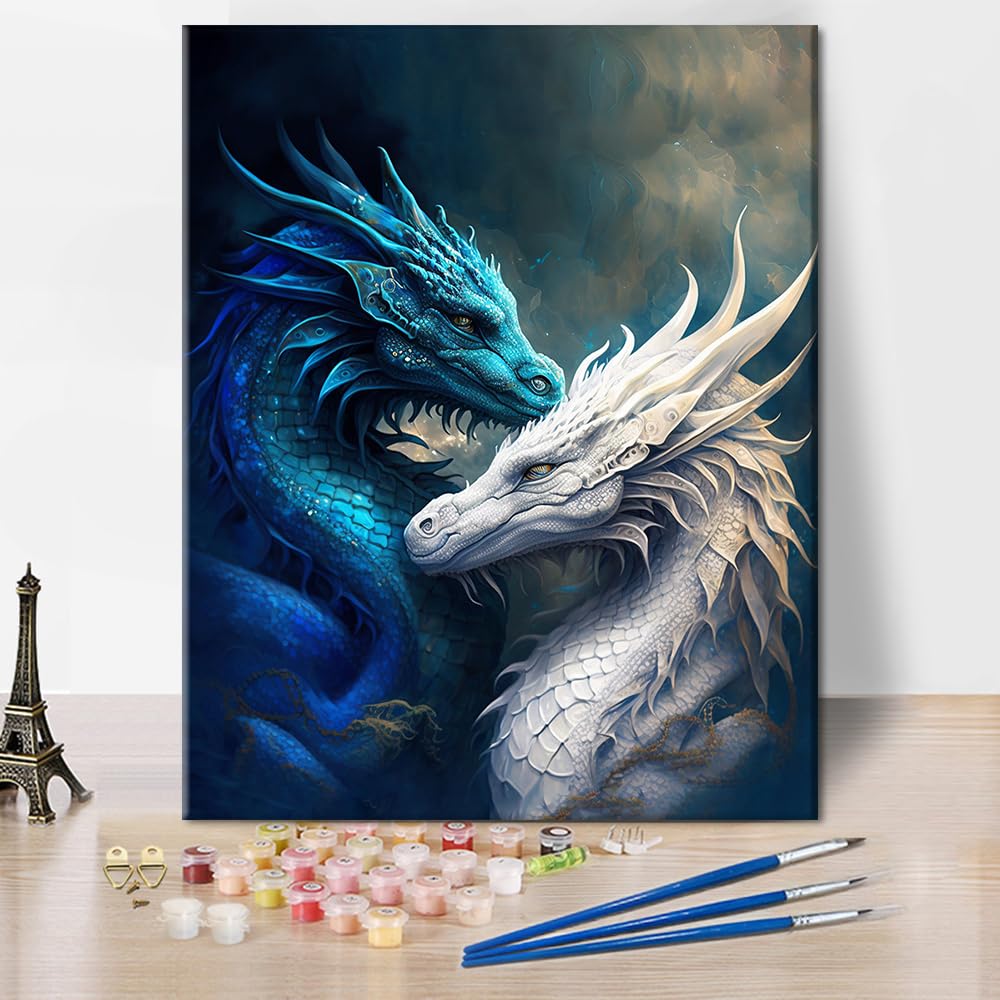 TISHIRON Paint by Numbers Kit for Adults - Blue & White Dragon Canvas Art, Color by Number for Adults with Mythical Creature Wall Decor, DIY Fantasy Dragon Painting Kits - 16"x20"(Frameless) — image 1