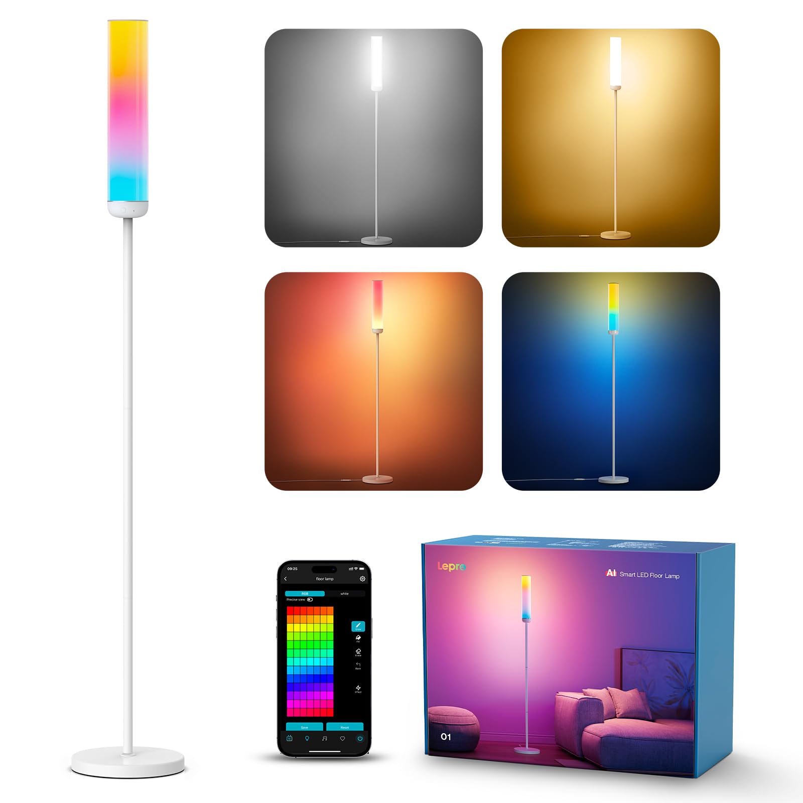 Lepro O1 AI Lampada da Terra,Piantana Moderna per Soggiorno,Musica Sincronizzazione per Festa,Gaming,TV,Compatibile Alexa/Google Home,Progettista Illuminazione AI Personalizzato,RGBIC,1800 Lumen