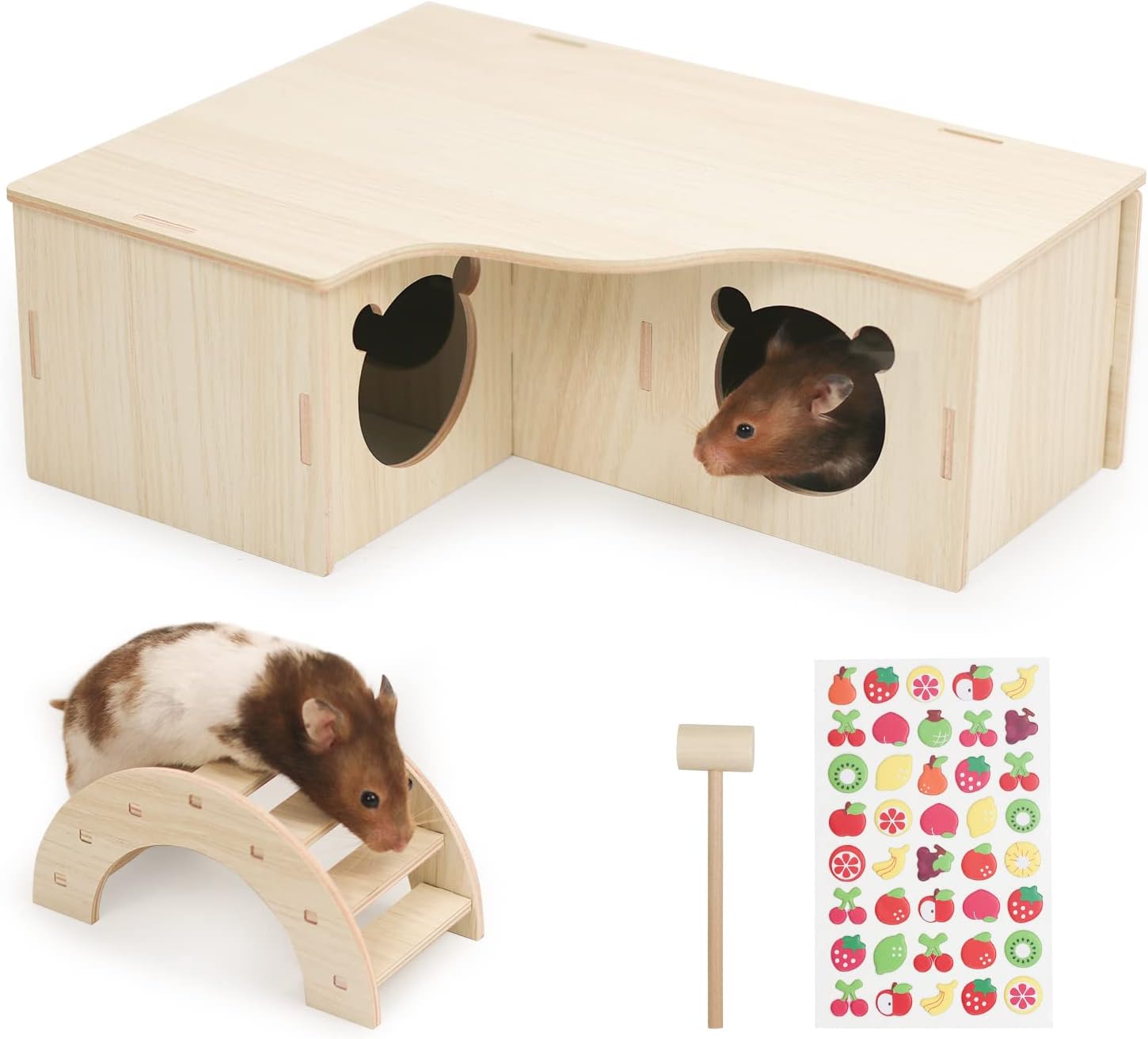 Hamster Maze, Multi Chamber Hideout Wooden Hamster Houses Activity Hamster Burrow Large Exercise Dwarf Hamster Playground with Bridge…
