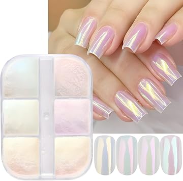 6 Colors Chrome Nail Powder Metallic Mirror Effect Aurora Magic White Pearl Chrome Nails Powder for Nail Art Gel Polish, Mica Powder Iridescent Nail Powder Manicure Pigment