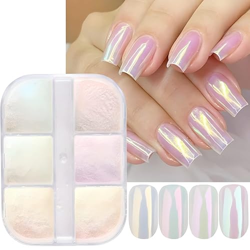 Brillo de uñas en polvo cromado perlado, polvo iridiscente blanco aurora cromo frotar polvo neón sirena espejo pigmento arco iris holográfico