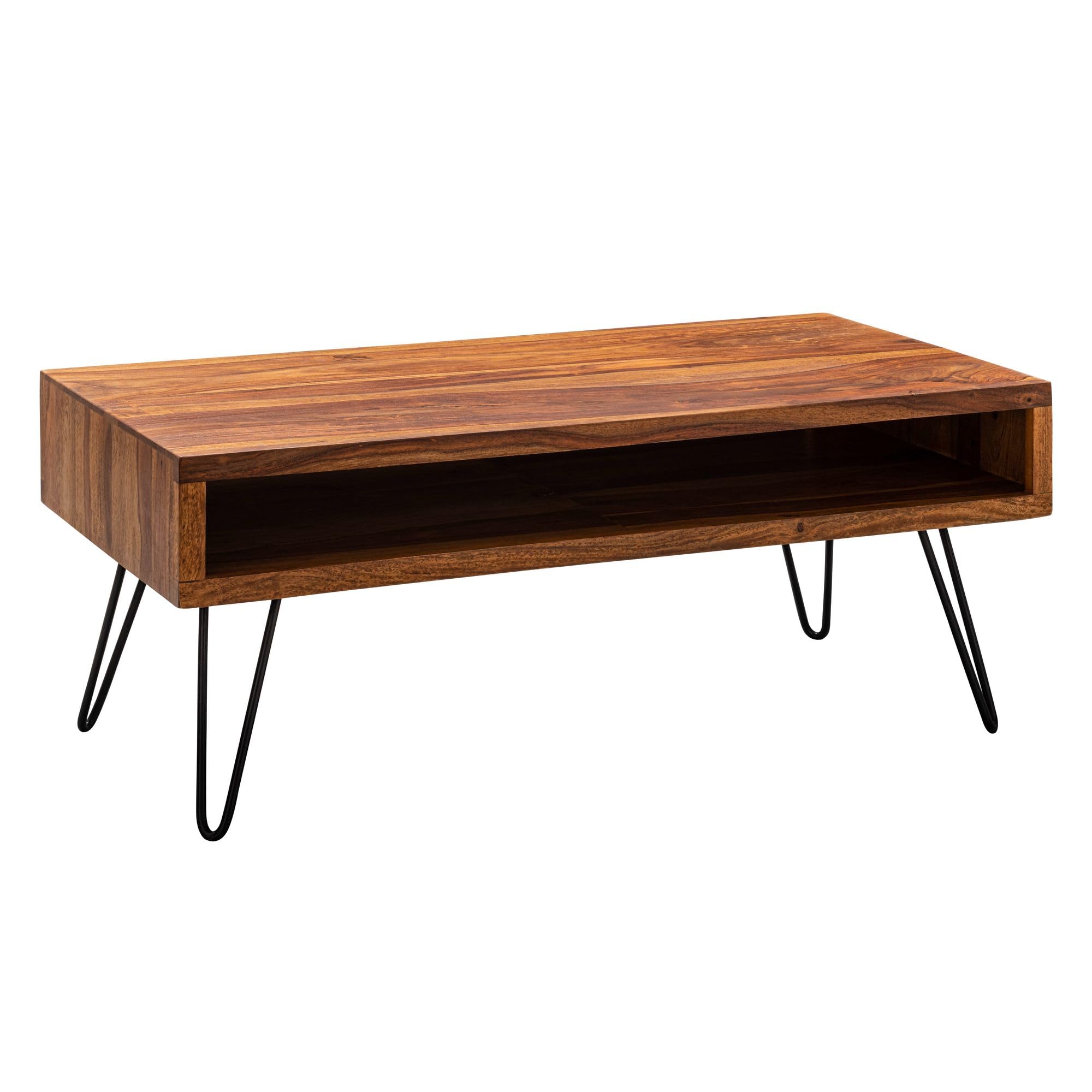 FineBuy Mesa de Centro Moderna 100x50x40 cm Madera Maciza de Sheesham y Metal | Mesa Auxiliar con Estante para Salón | Mesita Café Grande Rectangular para Sofá | Mesa rectangular industrial para sala de estar, mesa de sofá de madera real de segundo nivel,