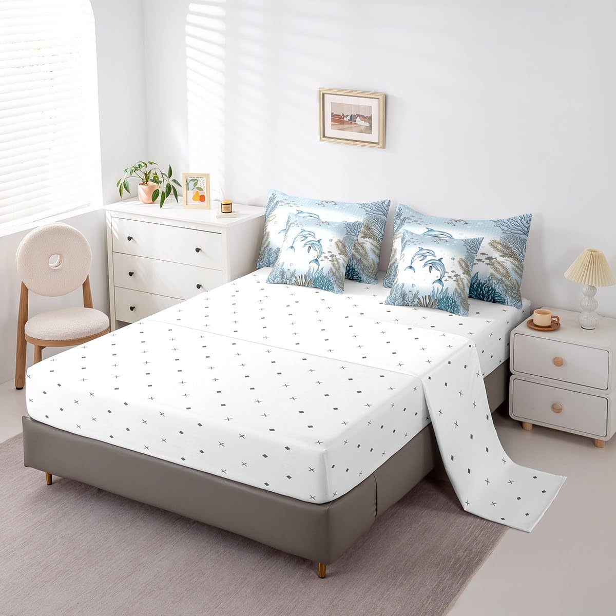 Ocean Dolphin Bed In A Bag 7 Piece Teal Blue Sea Coastal Queen Comforter Set With Sheets Underwater World Bedding Set For Kids Boys Girls Coral Reef Fish Bed Set Kawaii Marine Life Room Decor