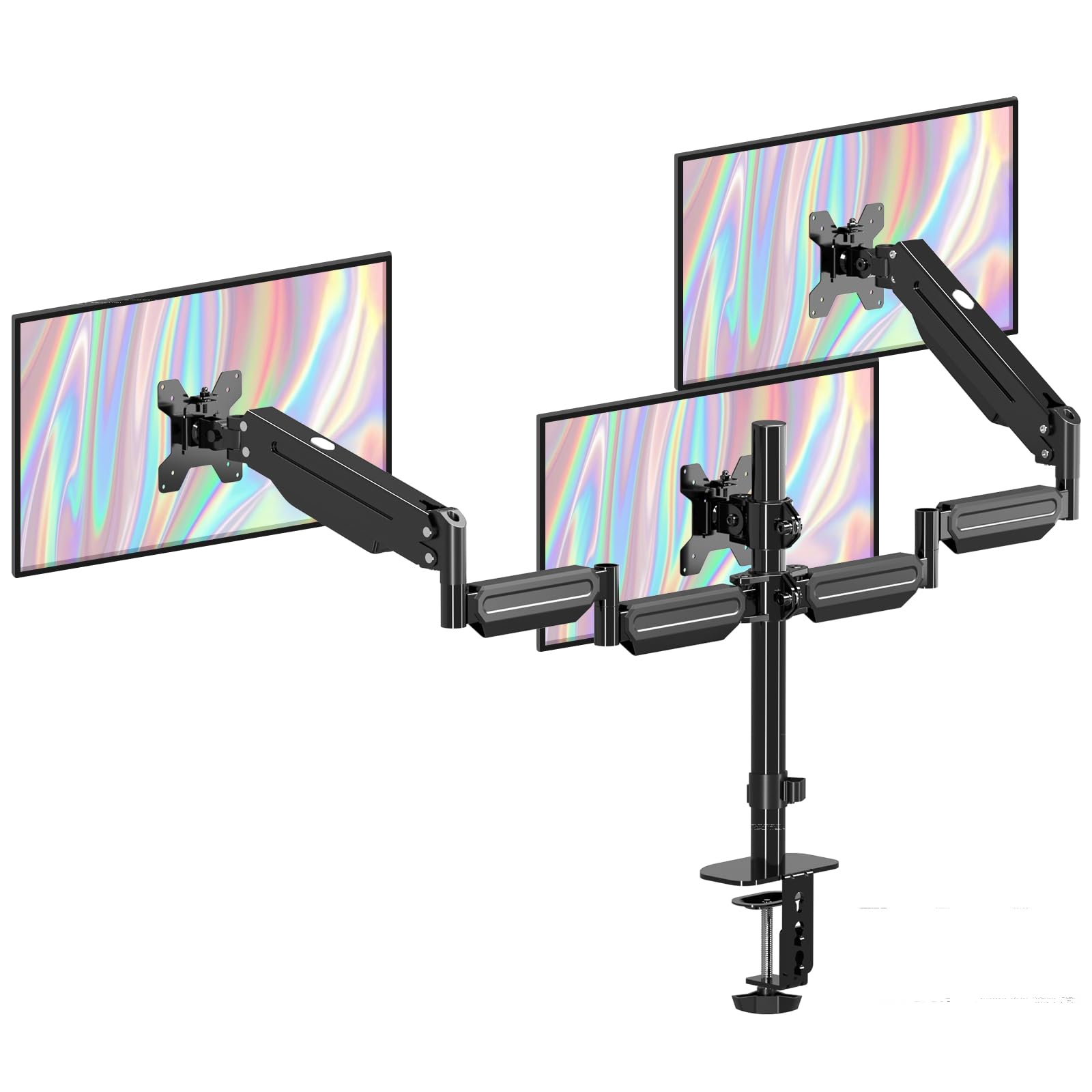 Supporto triplo per monitor, supporto per monitor per 3 monitor, supporto da tavolo regolabile per monitor a molla a gas con rotazione girevole per tre schermi da 17-27" fino a 6 kg ciascuno MD8003