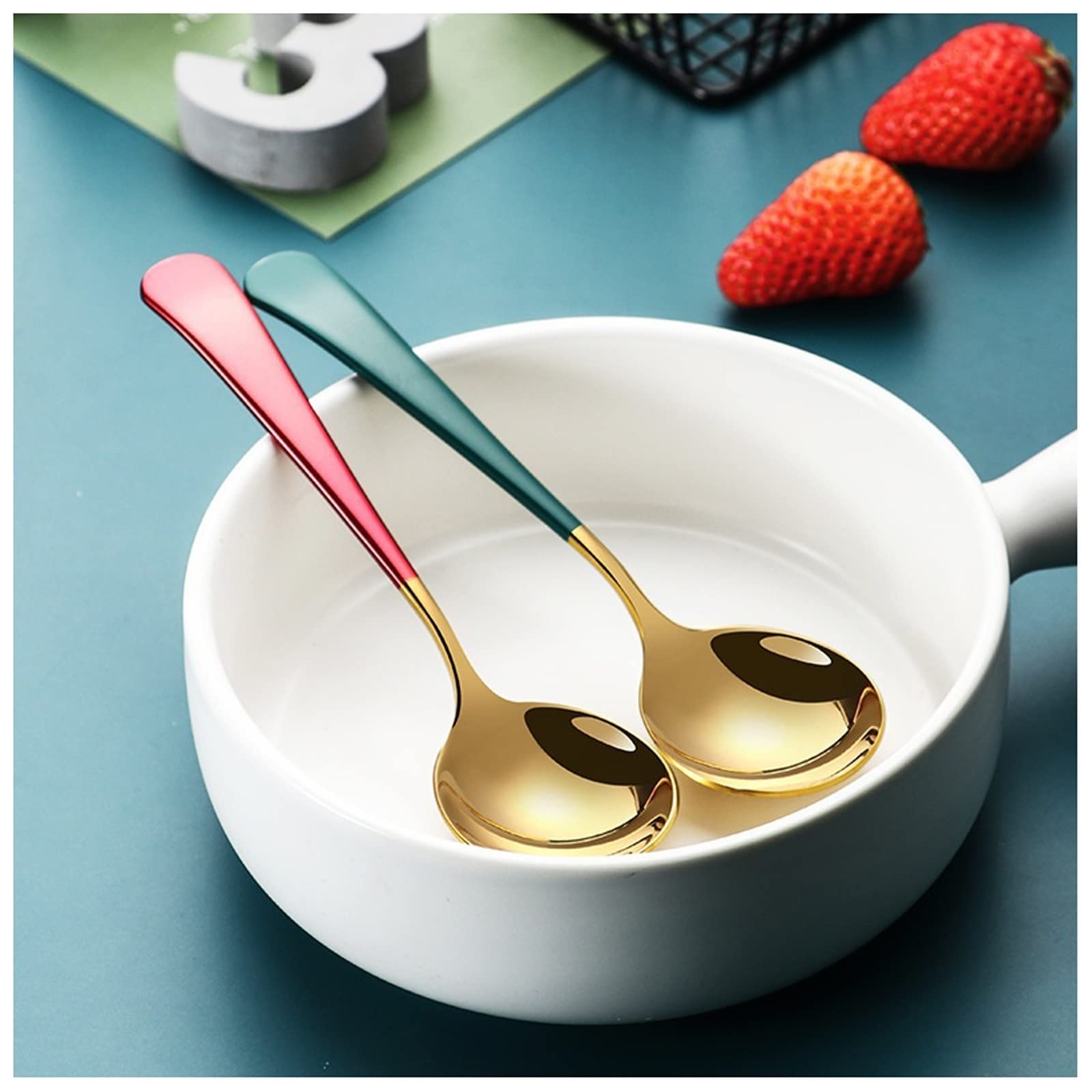 Cucharas De Cocina Cucharas de postre, cucharas de sopa de acero inoxidable, cabeza redonda colorida, helado, pastel, postre, cuchara mezcladora de café, vajilla de cocina Cucharas Para La Cena(C)
