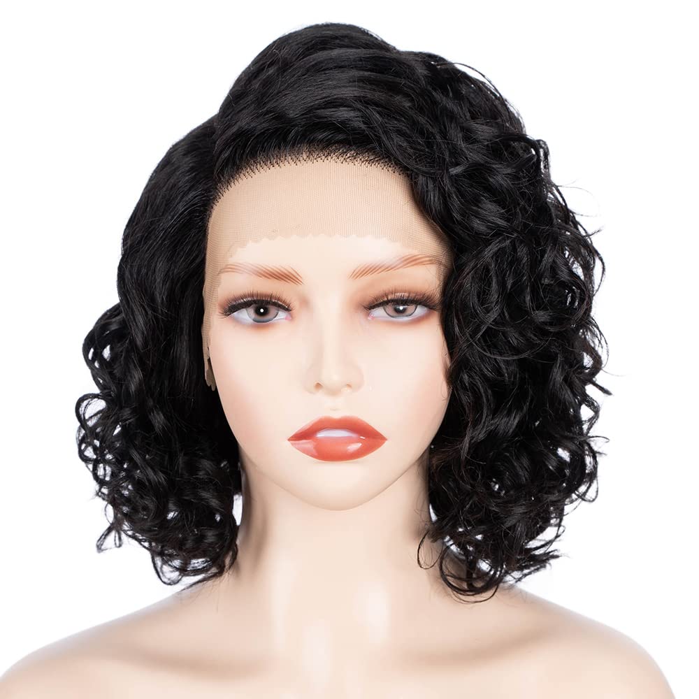 FASHION IDOL Kurz Tief Gewellt Spitzenfront Bob-Perücken für Frauen Echthaar Verworrene Lockige Perücke Seitenteil Schulterlange Perücke Vorgezupft Mit Babyhaar 150% Dichte