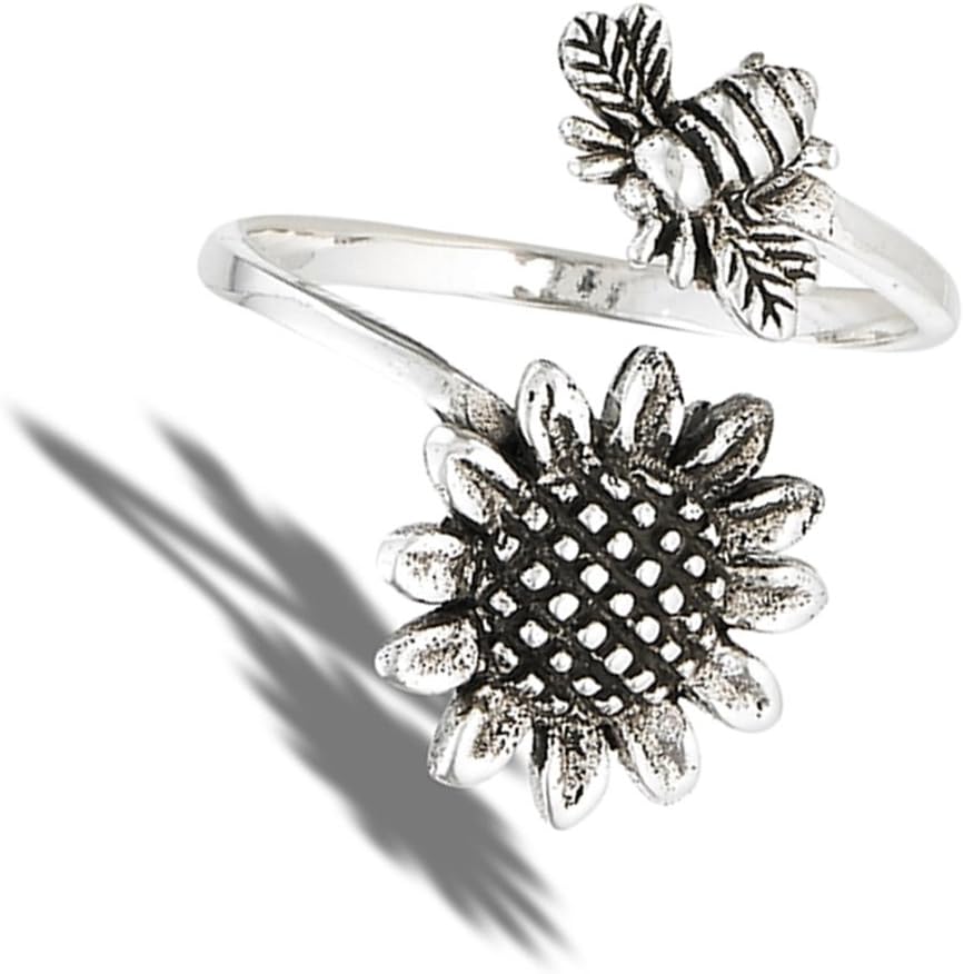 Open Adjustable Bee Sunflower Flower Thumb Ring Sterling Silver Band Sizes 6-10