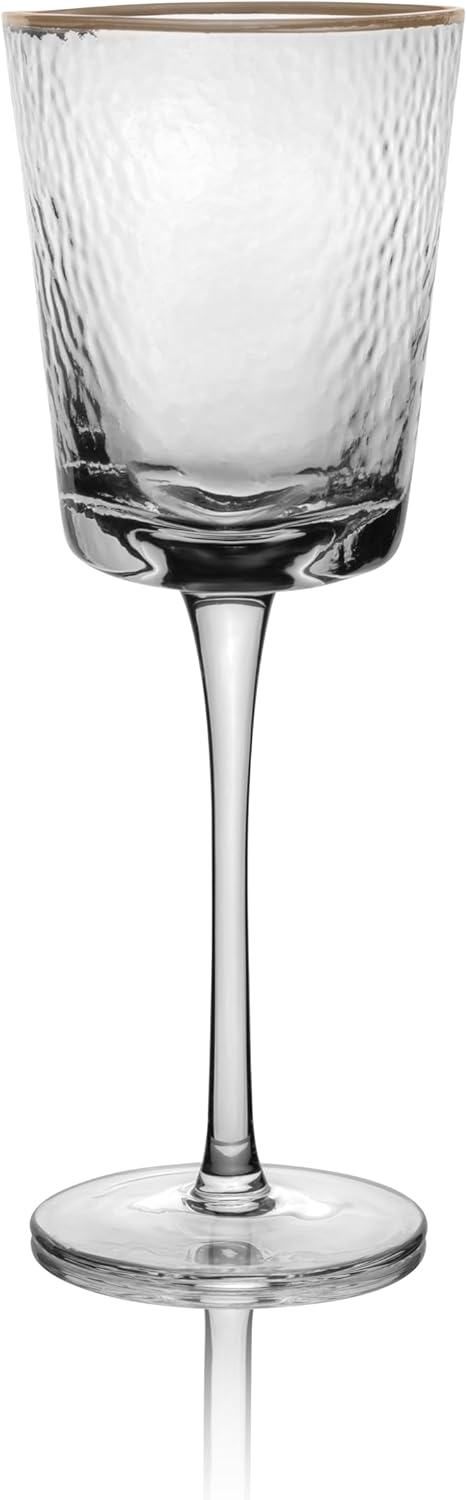Bec's Designs Gold Rimmed Wine Glasses – Set of 4, 10oz Handblown Hammered Glass, Unique Triangular Shape – Elegant Stemware for Red, White & Champagne - Image 3