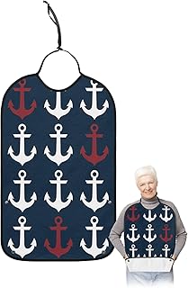 QueenKer Funny Adult Bibs for Eating, Nautical Ocean Anchor Dark Blue Waterproof Clothing Protector Washable Adult Bib with Crumb Catcher for Men Women Elderl and Seniors