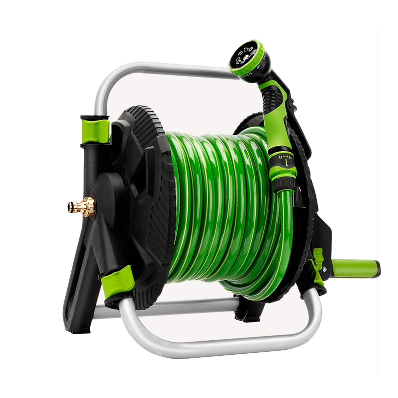 Carrete de manguera portátil con manguera de 25 m, Kit de jardinería para principiantes para estante de almacenamiento de tuberías de agua de aluminio, Con accesorios de conexión y pistola d