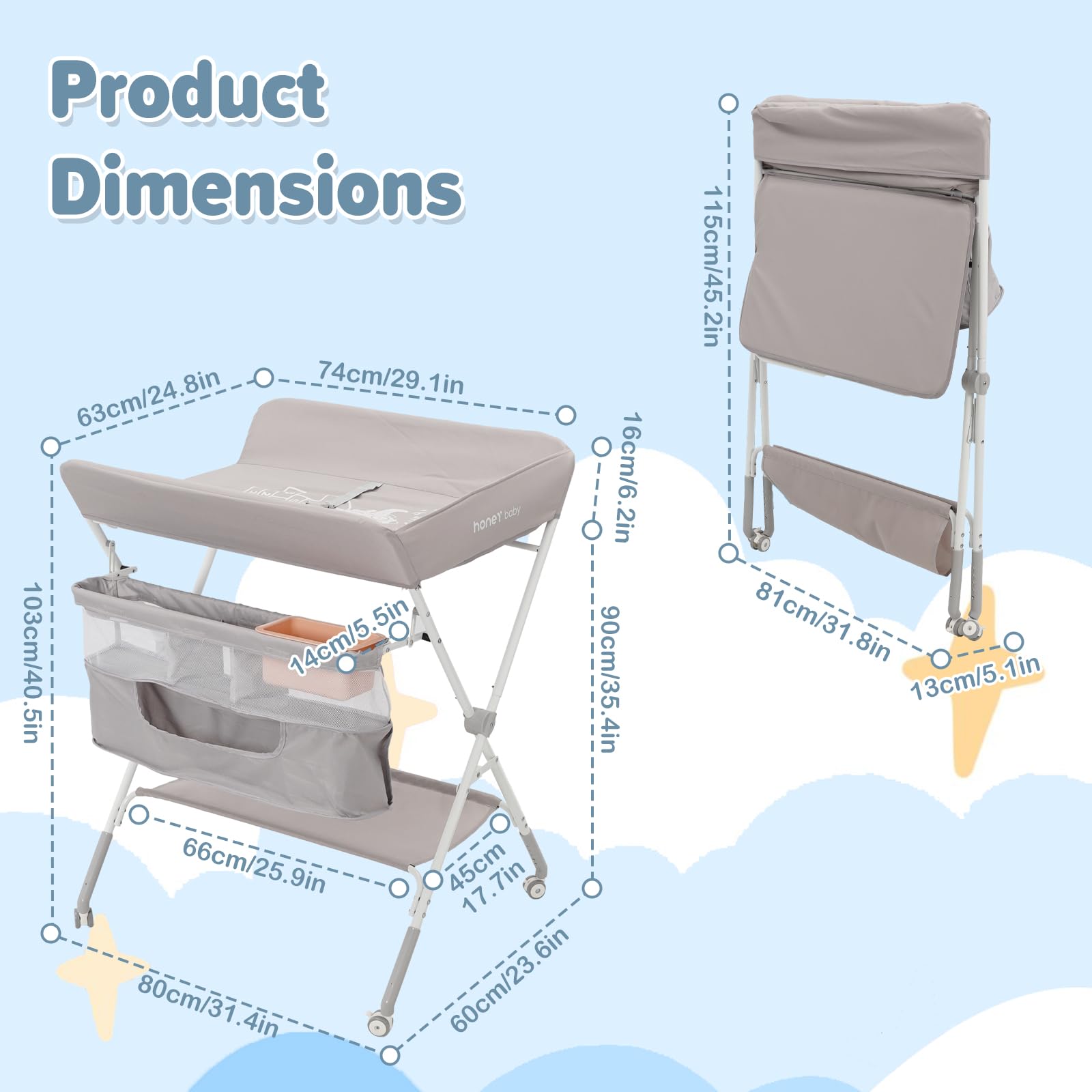 Table à langer pliable avec pieds réglables en hauteur et roues verrouillables | Station à Langer Portable Anti-basculement avec Rangement pour Nouveau-né 0-12 Mois (Gris)