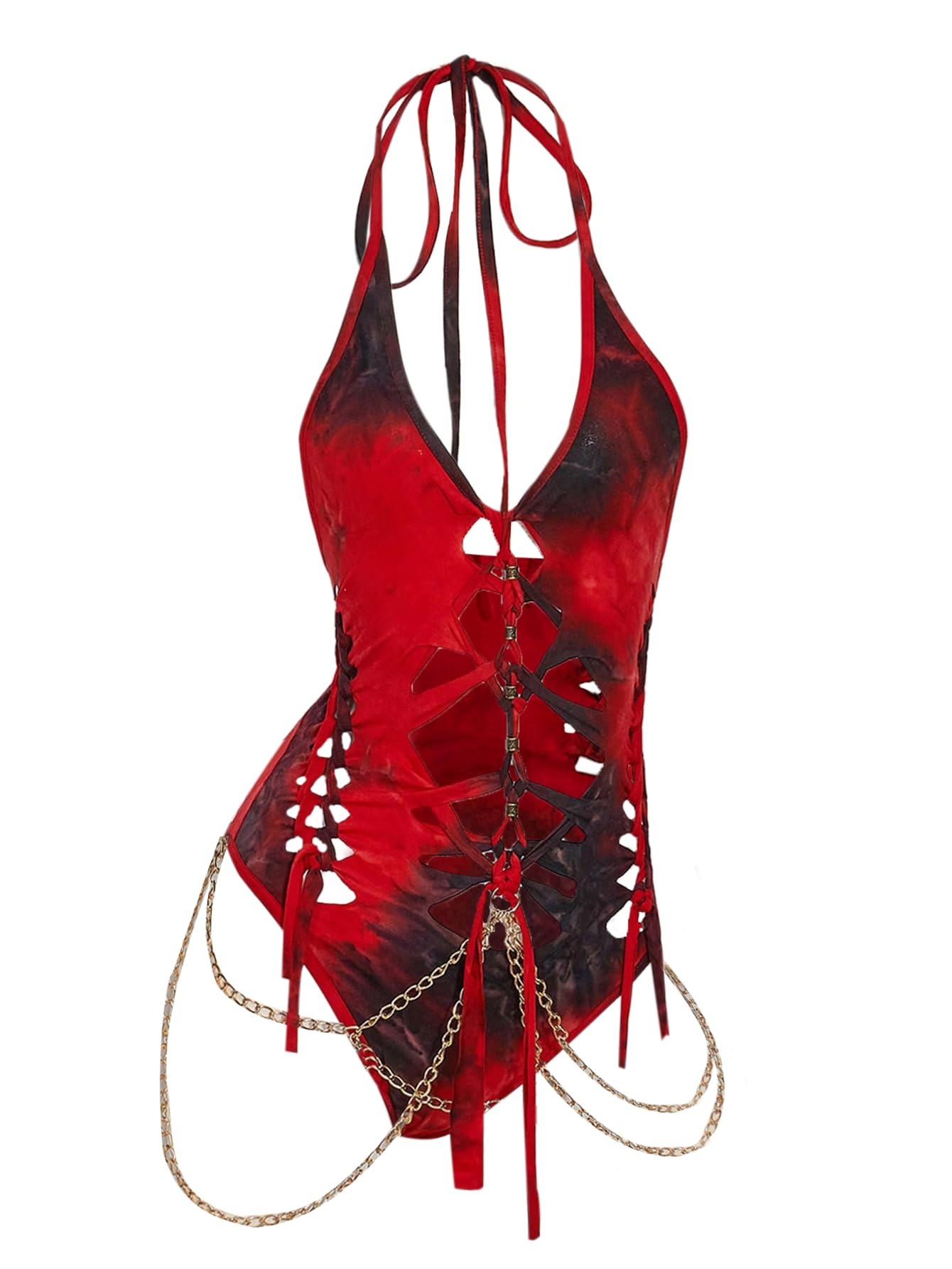 Photo 1 of Floerns Women's Gothic Cut Out Lace Up Halter Neck Bodysuit Red Small