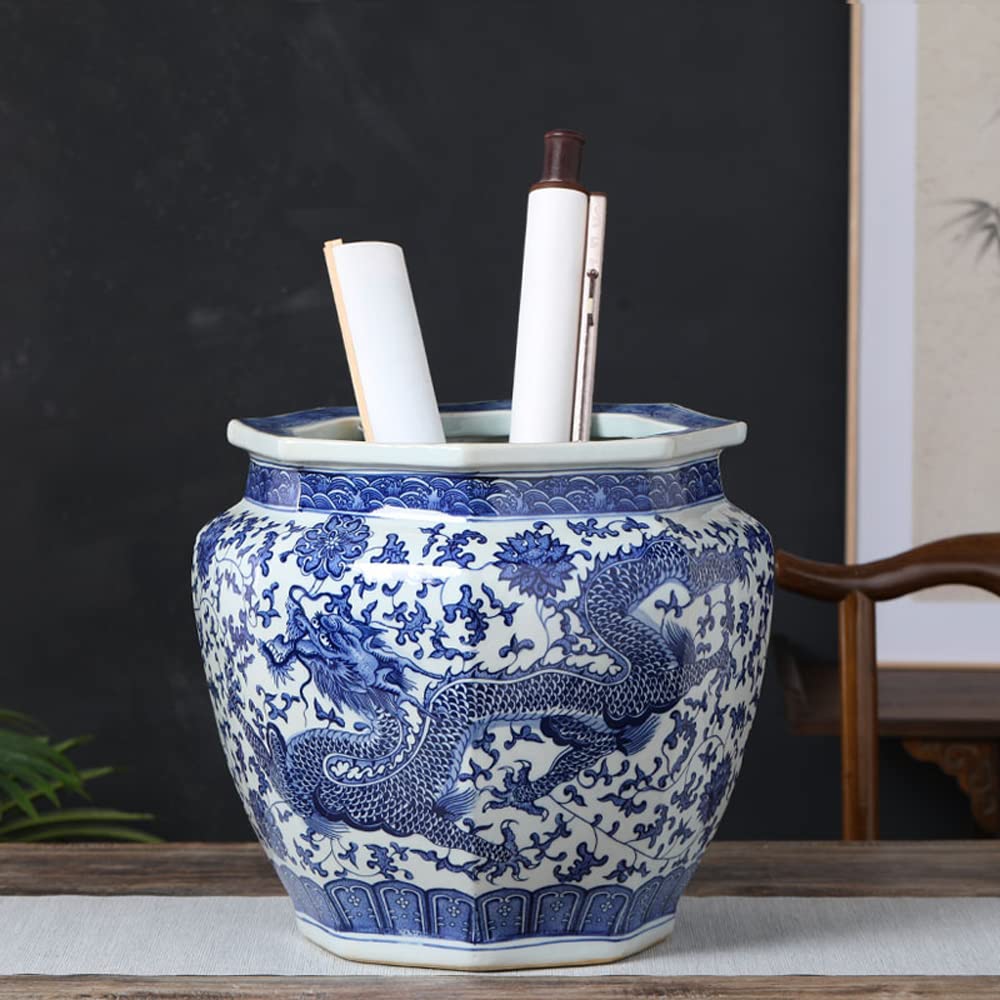 DFGHNBVC Jingdezhen Ceramic Flower Pot Calligraphy And Painting Cylinder Scroll Calligraphy And Painting Storage Blue And White Porcelain Antique Octagonal Chinoiserie Ornament Tree Pot,C-with holes