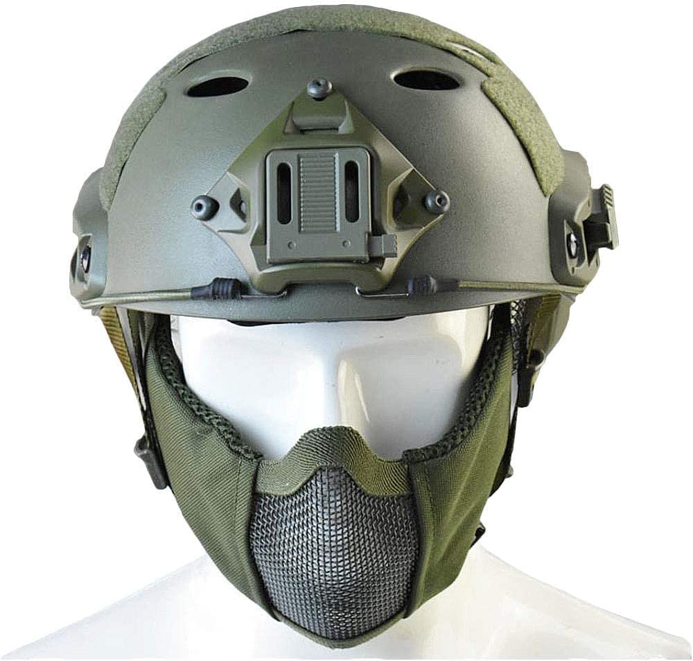 Aifordge Tactical Foldable Half Face Airsoft Mesh Mask with Ear Protection and Tactical Airsoft Fast Helmet Adjustable Helmet Chin Strap Large Size for Older Teenager