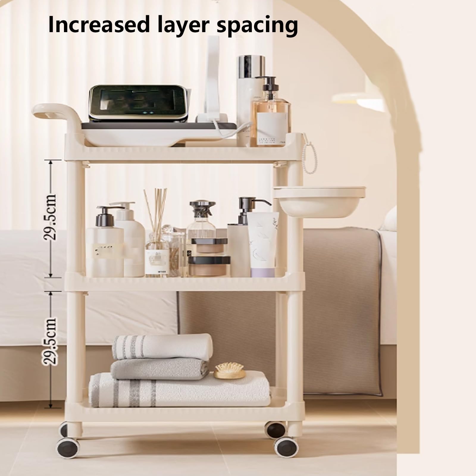 Hamone Chariot utilitaire à roulettes à 3 niveaux, chariot utilitaire mobile avec roulettes verrouillables, étagères de rangement, 3 paniers suspendus, assemblage facile, pour salle de bain, cuisine