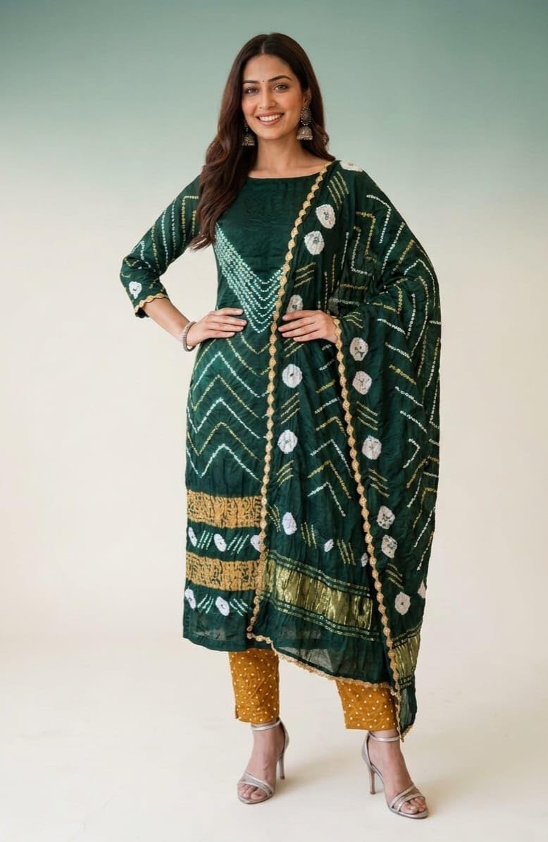 Eddika women's unstitched pure modal silk Shibori with Green and mustard Bandhej 3-piece full suit material set 2