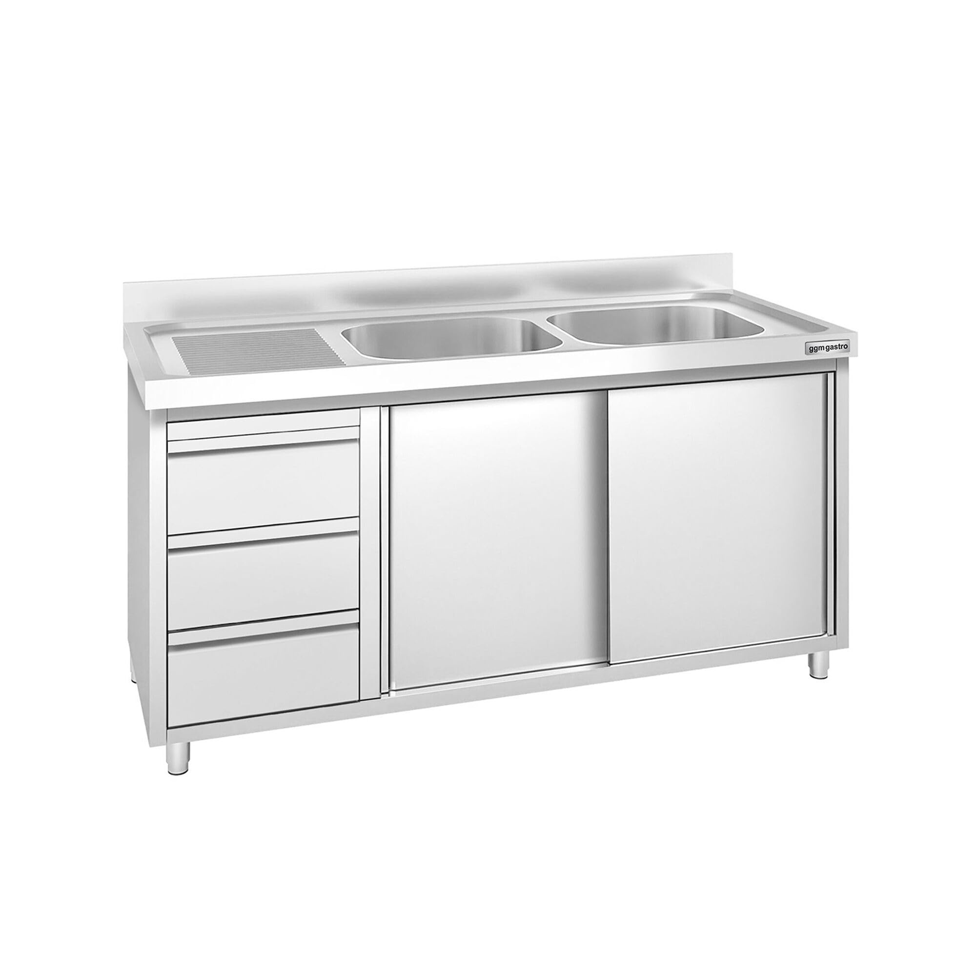 GGM Gastro | SSAAK146BR2S#ST3K46 | Spülschrank PREMIUM - 1400x600mm - mit 3 Schubladen & 2 Becken rechts