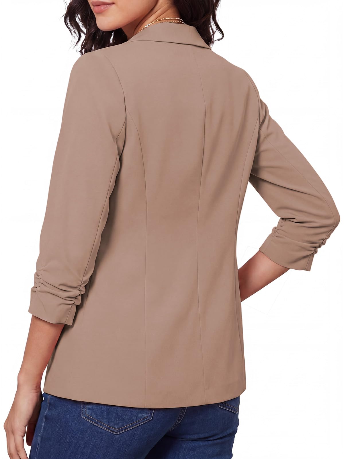 Blazer Femme Élégant Business Décontracté Manches 3/4 Froncées 1 Bouton Col à Revers Veste de Bureau avec Poches