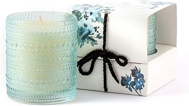 شمعة معطرة في برطمان زجاج بنمط محبب، شمعة برائحة مسك الروم مع علبة هدايا من كاندل كونيكشن، ارتفاع 8 سم × قطر 7.3 سم، أزرق