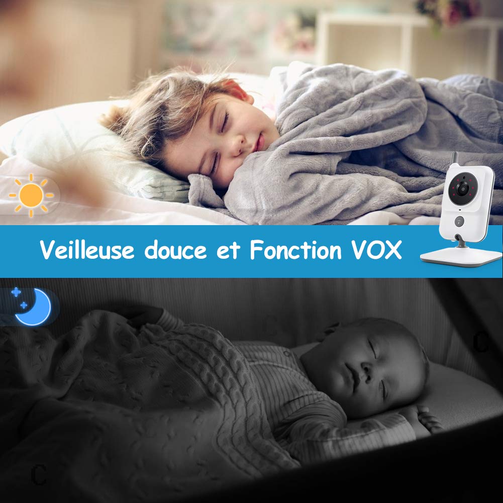 GHB Bebé Monitor Babyphone Cámara de 3,2 pulgadas LCD de 2,4 GHz con Fonciton VOX Sensor de temperatura Comunicación Bidireccional Visión Nocturna