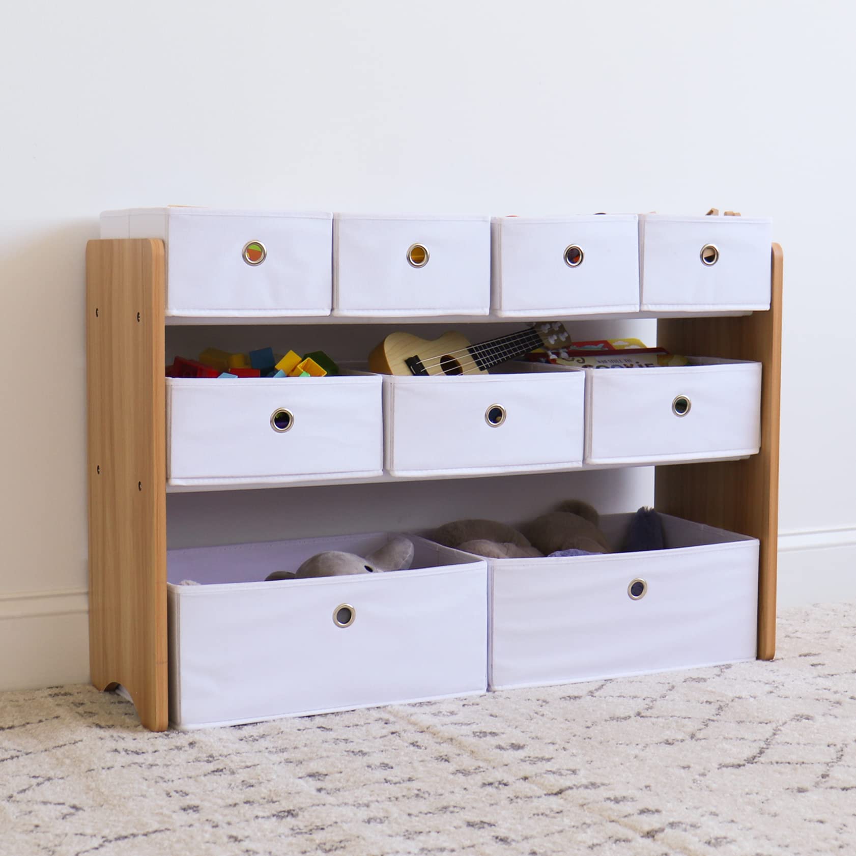Humble Crew Scaffale Bambini in Legno: Organizer Giocattoli con 9 Contenitori in Tessuto, Design Naturale/Bianco, Perfetto per Camerette Eleganti