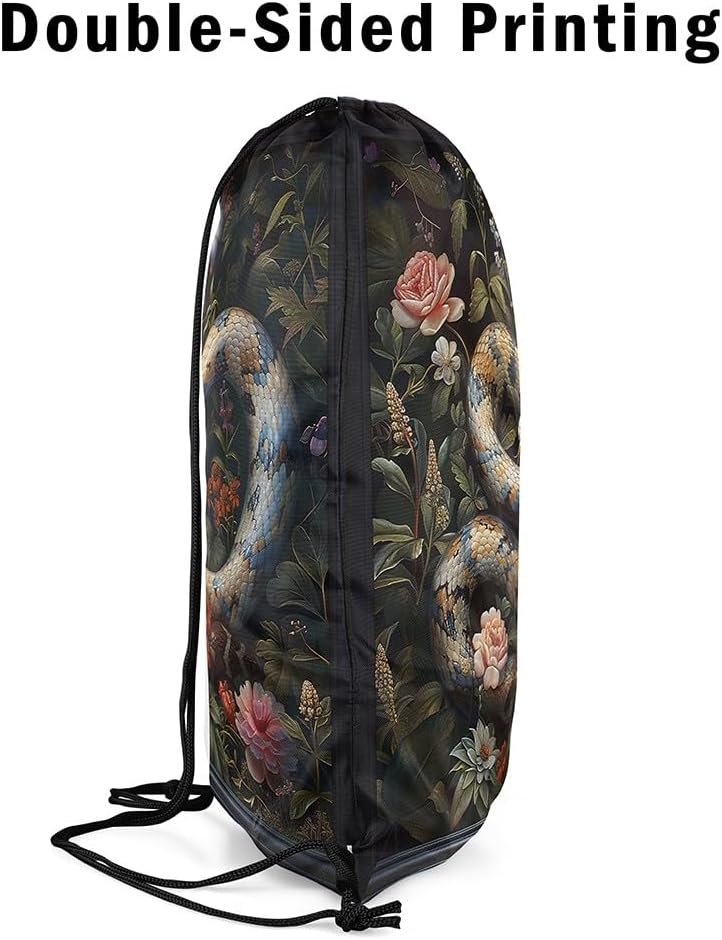 Manfei Snake Drawstring Backpack 3D Reptile Animals Sackpack for Beach Swimming Pool Rose Floral Wild Animal Draw String Bags Waterproof Sports Gym image 4