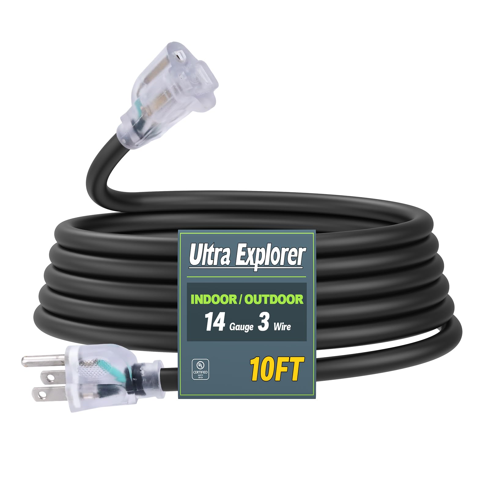 Ultra Explorer 14/3 SJTW Heavy Duty Outdoor Extension Cord 10 ft - 3 Prong Black Power Cord Waterproof with Lighted Indicator for Garden and Major
