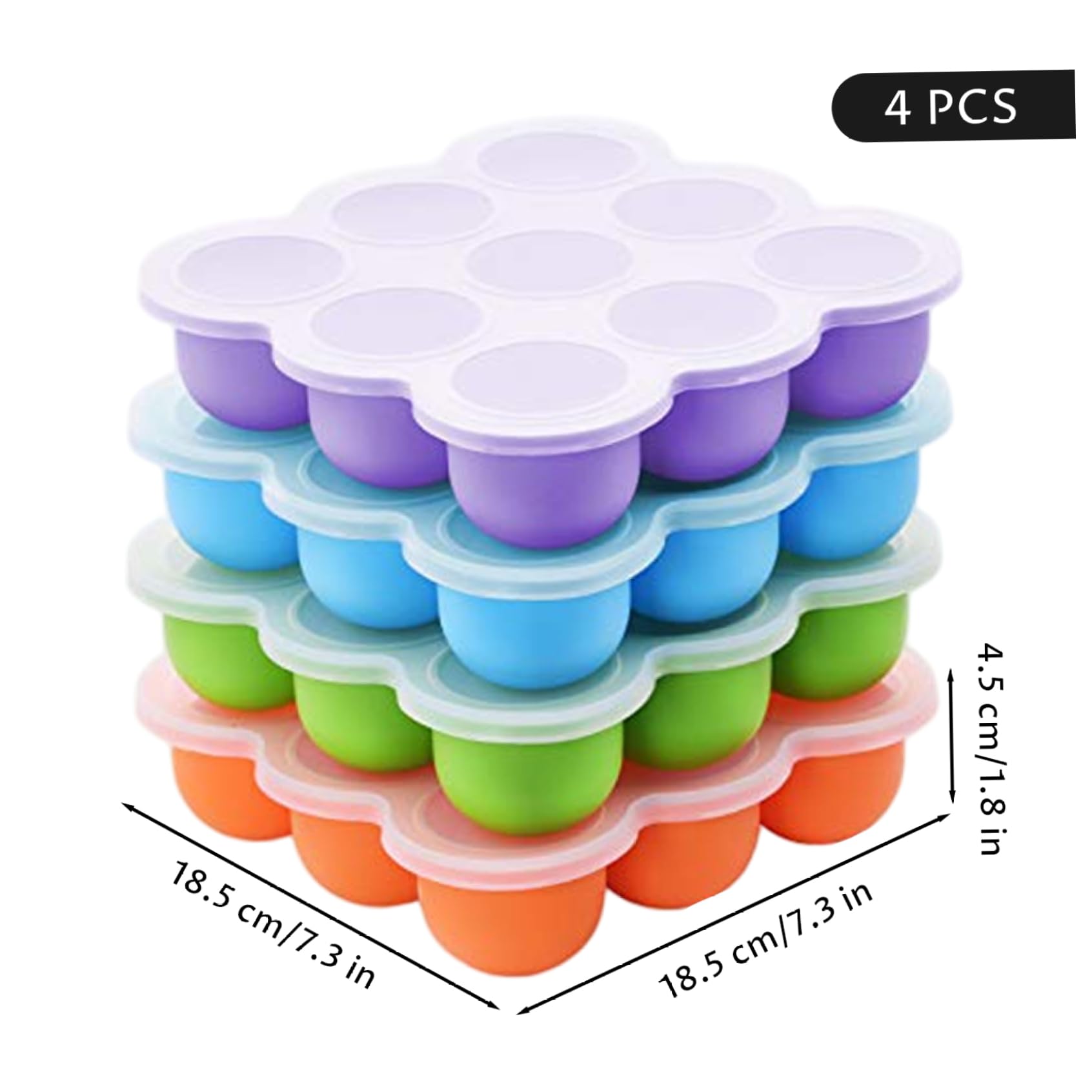 Plateau de congélation pour aliments pour bébé, lot de 4 plateaux congélation en silicone avec couvercles, moule à glaçons flexible à 9 cellules pour le stockage la purée, des collations et d