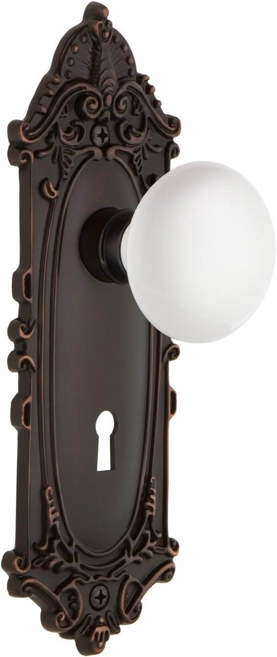 Nostalgic Warehouse Victorian Plate with Keyhole White Porcelain Knob, Passage - 2.375", Antique Pewter
