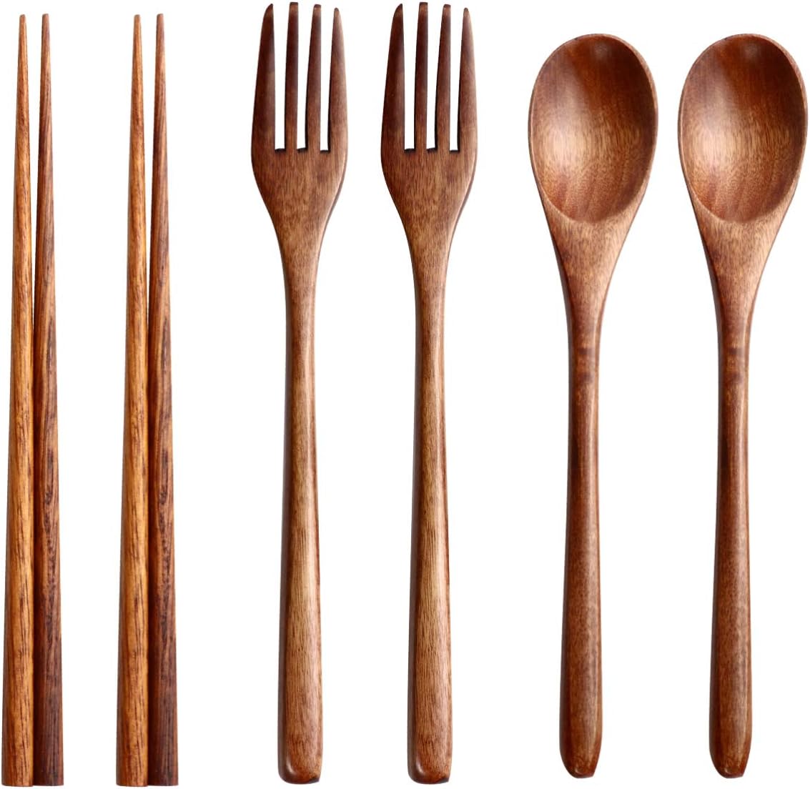 Hemoton Reusable Bamboo Silverware Set with Chopsticks Forks and Spoons 6-Piece Flatware for Camping Outdoor Dining and Family Meals