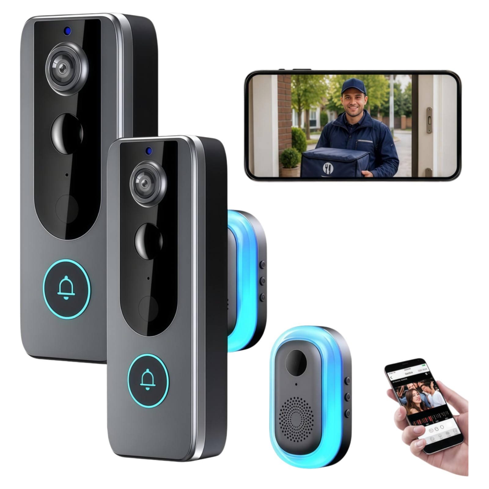 AAFGVC Purepeeki Wireless Video Doorbell Camera, Rechargeable Camera Doorbell With 4000mAh Battery, IP65 Weatherproof Design, Night Vision And Two Way Talk (2 item)