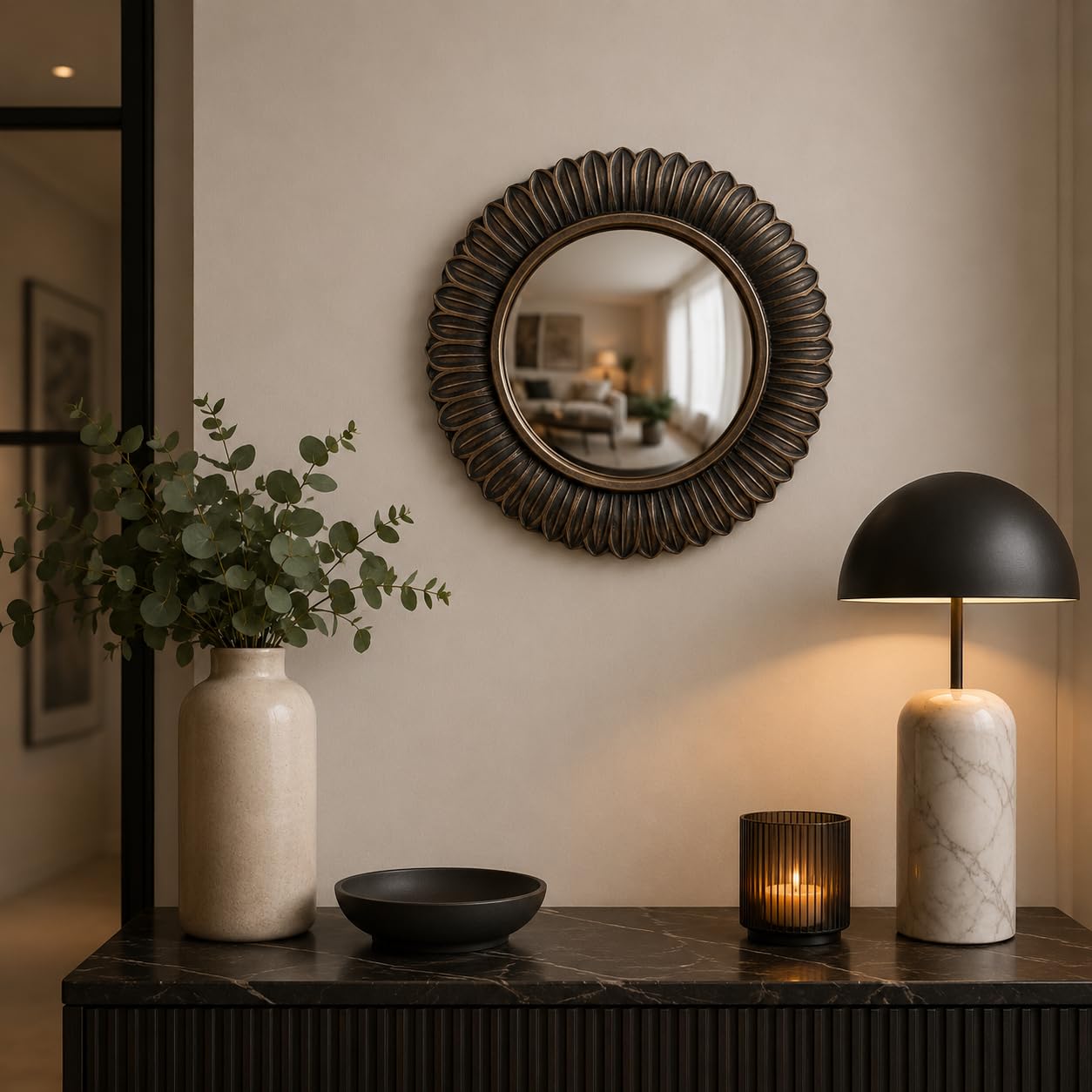 Générique Miroir Mural, Convexe, Décoratif, Feuilles en Bronze, 23 cm de Diamètre, avec Support de Fixation, Belle Fabrication