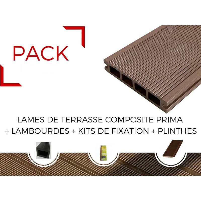 PACK 15 m² lame de terrasse composite Prima + ACCESSOIRES 2200mm Brun rouge, ep.19 mm, l.12 cm, L.220 cm