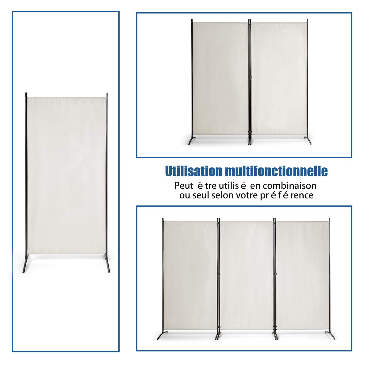 COSTWAY Paravent Interieur Exterieur 3 Panneaux 260 x 183 cm, Cloison de Separation Interieur Pliable, Double Charnières en Acier, Tissu Polyester, Separateur de Pieces pour Salon Bureau Balcon(Beige)