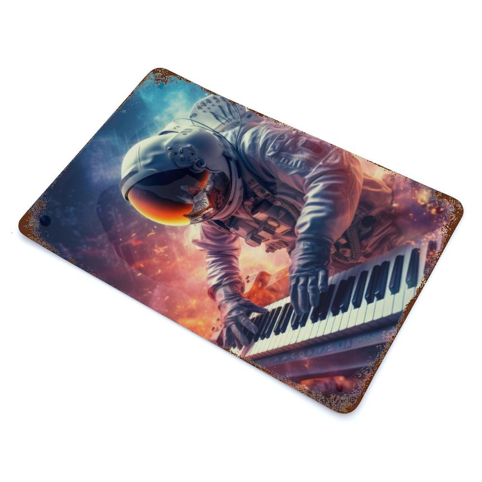 Astronaut Pianist Rust Effect Tin Sign 11.8"x7.9", Farmhouse Wall Decor for Living Room, Hallway And Home Decor