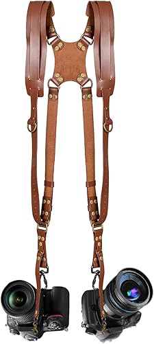 Jumyee Double Camera Harness for 2 Cameras, Adjustable Dual Shoulder Leather Camera Strap for DSLR/SLR